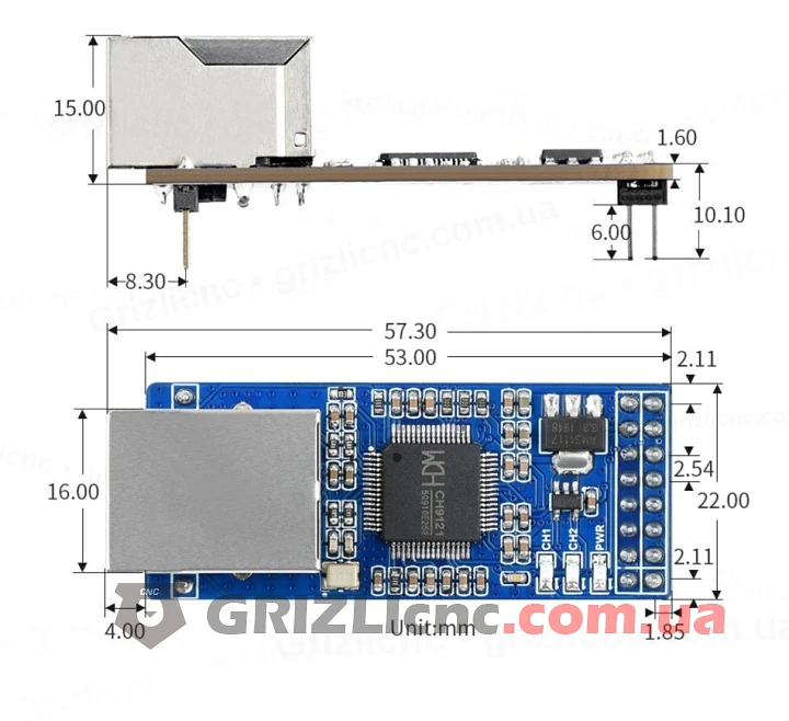 Размеры конвертера UART в Ethernet 2-CH UART TO ETH