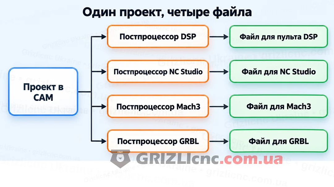 Один проект в CAM и четыре файла под DSP, NC Studio, Mach3 и GRBL