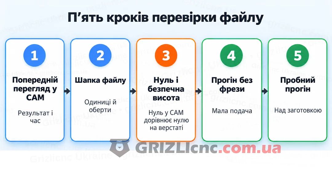 П’ять кроків перевірки файлу до верстата: попередній перегляд, шапка файлу, нуль і безпечна висота, прогін без фрези, пробний прогін