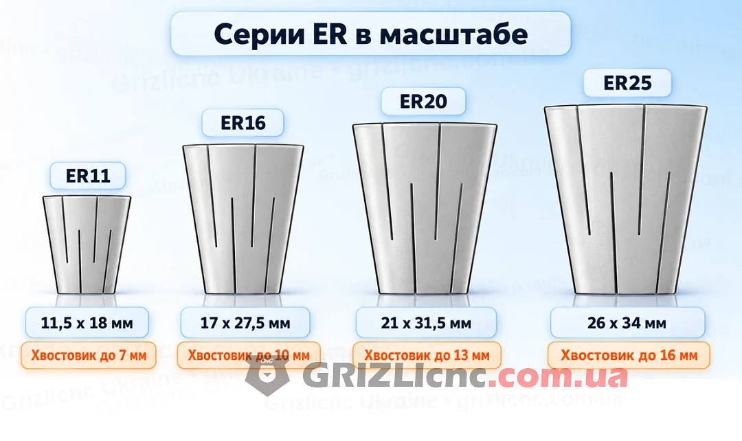 Серии ER11, ER16, ER20 и ER25: корпус цанги в масштабе