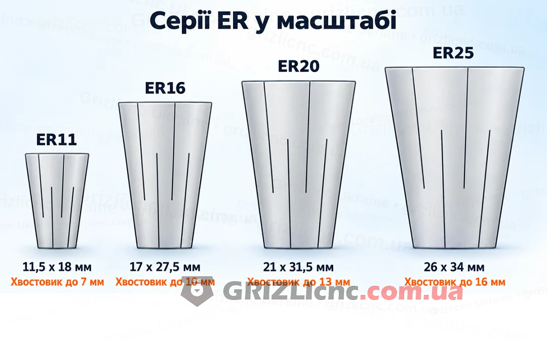 Серії ER11, ER16, ER20 і ER25: корпус цанги в масштабі Серії ER11, ER16, ER20 і ER25: корпус цанги в масштабі