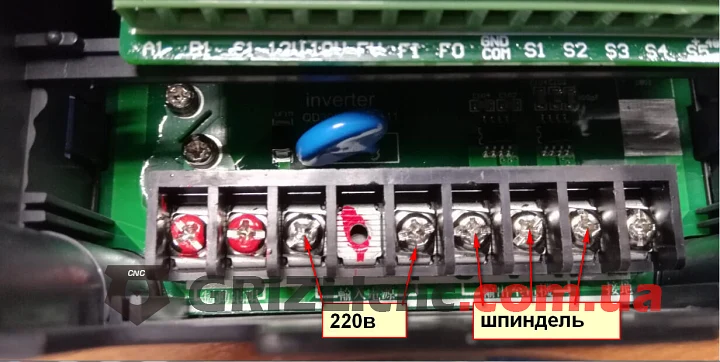 Підключення мережі й шпинделя: Частотний перетворювач YINGSHIDA AE200 1.5 кВт 220 В однофазний