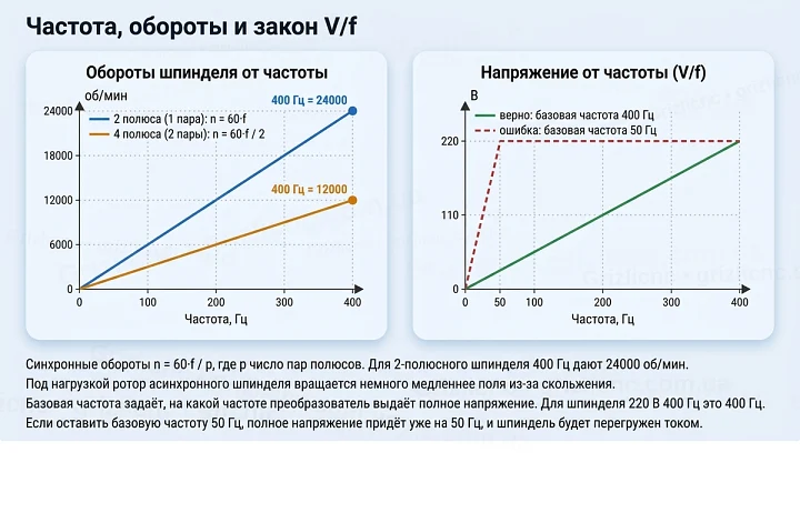 График оборотов шпинделя от частоты и зависимость напряжения от частоты по закону V/f