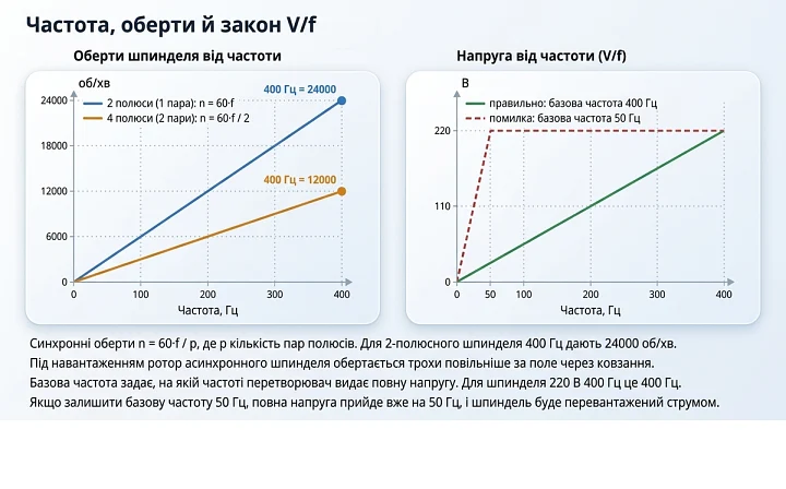 Графік обертів шпинделя від частоти та залежність напруги від частоти за законом V/f Графік обертів шпинделя від частоти та залежність напруги від частоти за законом V/f