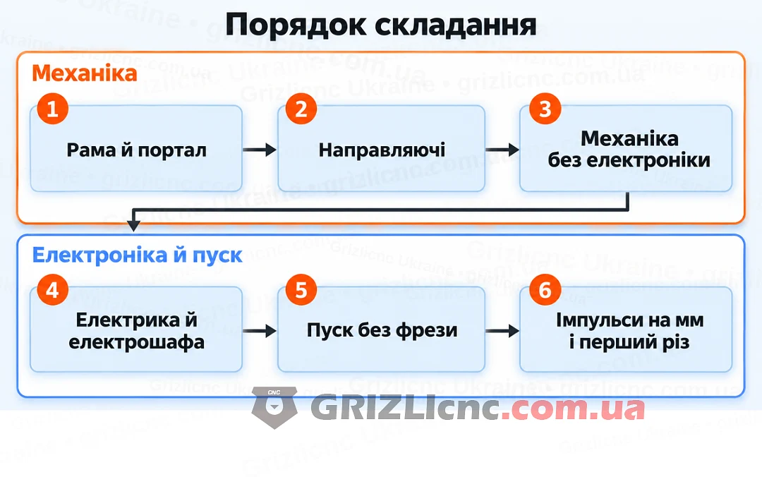 Порядок складання верстата ЧПУ із шести кроків від рами до перевірки імпульсів на міліметр