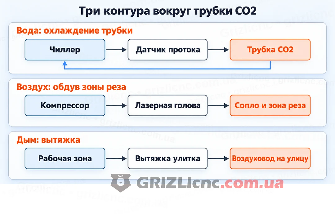 Три контура вокруг лазерной трубки CO2: вода, воздух и дым Три контура вокруг лазерной трубки CO2: вода, воздух и дым