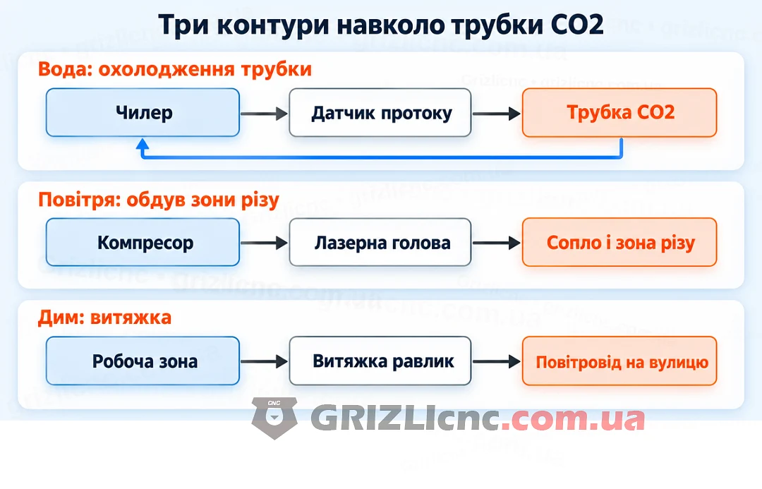 Три контури навколо лазерної трубки CO2: вода, повітря і дим Три контури навколо лазерної трубки CO2: вода, повітря і дим