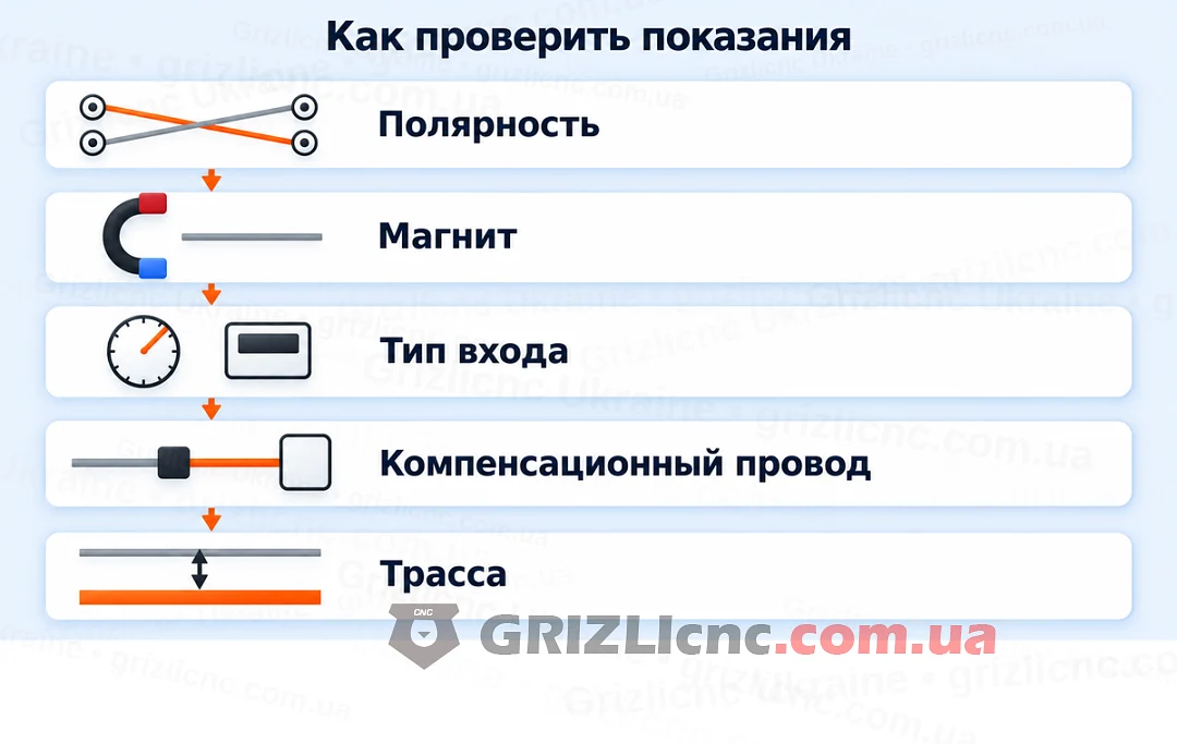 Порядок проверки показаний термопары: полярность, магнит, тип входа, удлинение, помехи