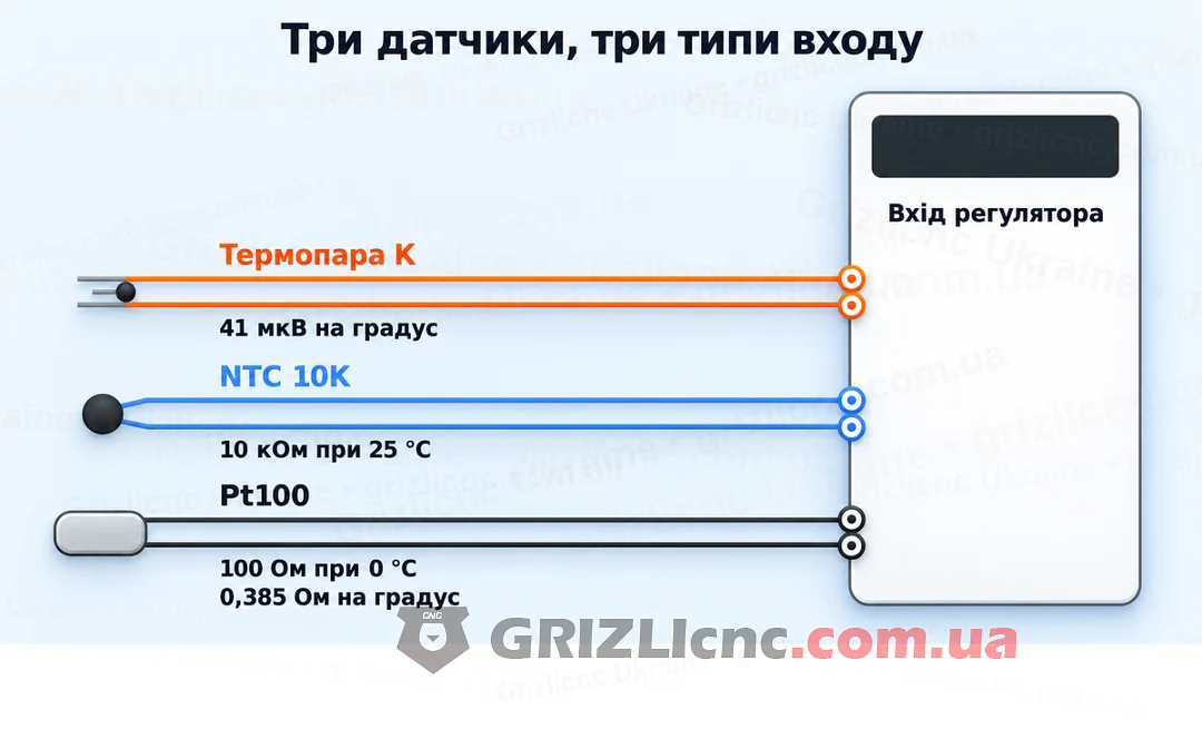 Термопара K, NTC 10K і Pt100: сигнал датчика і тип входу регулятора