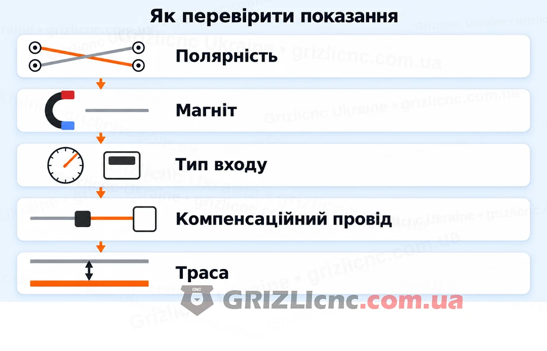 Порядок перевірки показів термопари: полярність, магніт, тип входу, подовження, завади