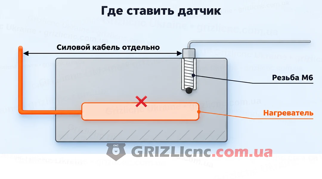 Установка термопары K с резьбой M6 в металлическую деталь рядом с нагревателем