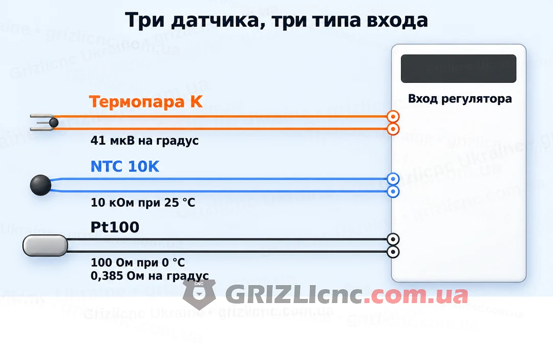 Термопара K, NTC 10K и Pt100: сигнал датчика и тип входа регулятора