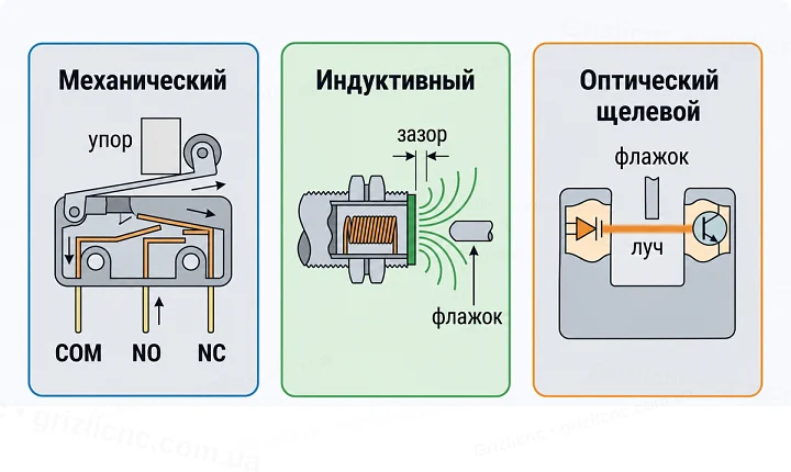 Три типа концевых датчиков: механический, индуктивный, оптический