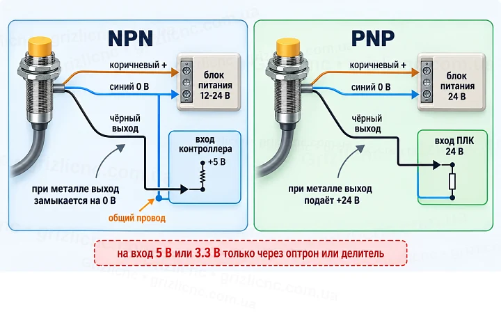Подключение индуктивного датчика NPN и PNP к контроллеру