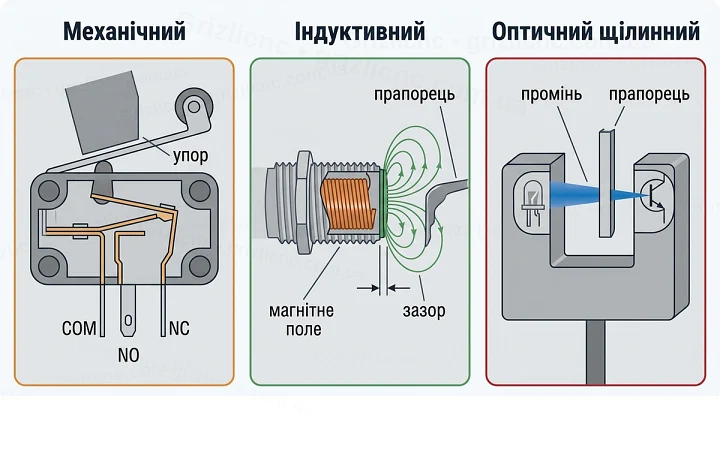 Три типи кінцевих датчиків: механічний, індуктивний, оптичний