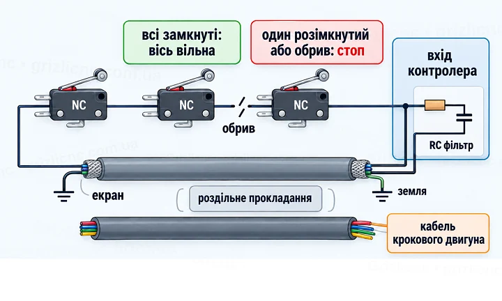 Послідовний ланцюг NC датчиків з екранованим кабелем