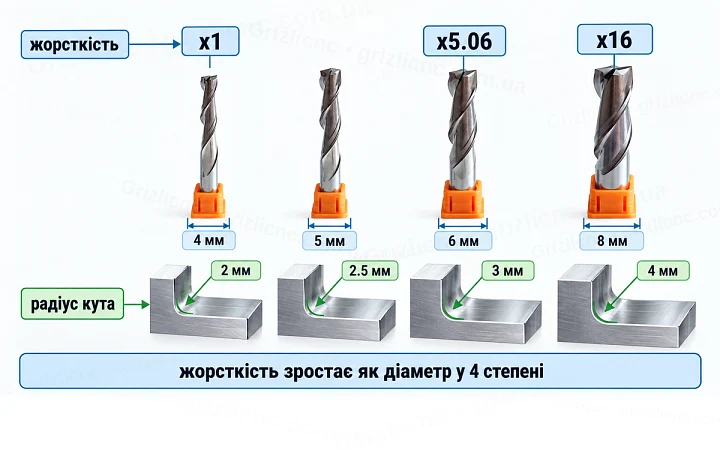 Фрези 4-8 мм: жорсткість і радіус внутрішнього кута Фрези 4-8 мм: жорсткість і радіус внутрішнього кута