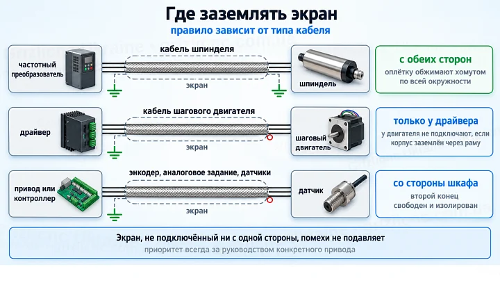 Где заземлять экран: кабель шпинделя с обеих сторон, кабель шагового двигателя у драйвера, сигнальные кабели со стороны шкафа