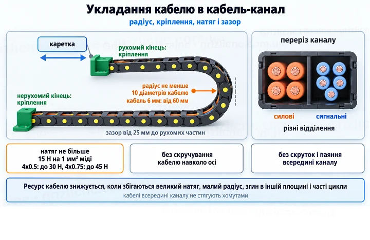 Укладання кабелю в кабель-канал: радіус не менше 10 діаметрів, кріплення на обох кінцях, натяг до 15 Н на 1 мм² міді, зазор від 25 мм Укладання кабелю в кабель-канал: радіус не менше 10 діаметрів, кріплення на обох кінцях, натяг до 15 Н на 1 мм² міді, зазор від 25 мм