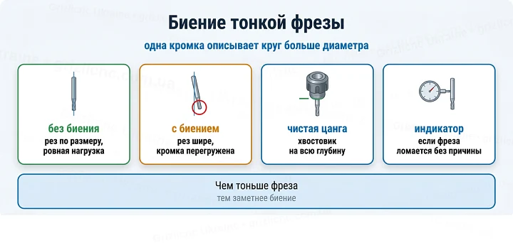 Биение тонкой фрезы: одна кромка описывает круг больше диаметра
