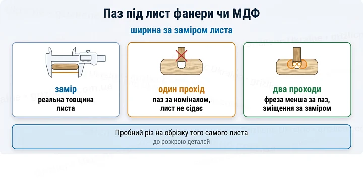 Паз під лист фанери чи МДФ: ширина за заміром листа Паз під лист фанери чи МДФ: ширина за заміром листа