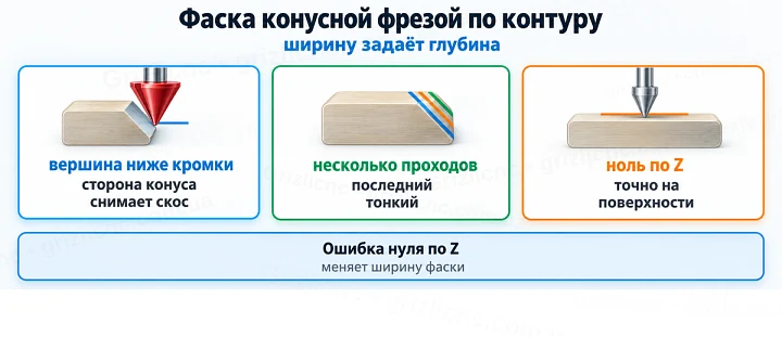 Фаска конусной фрезой по контуру: ширину задаёт глубина