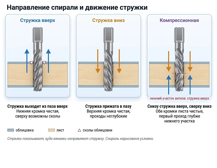 Схема движения стружки у фрез со стружкой вверх, вниз и компрессионной
