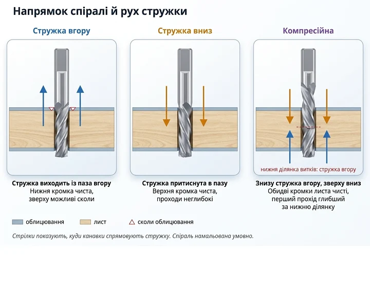 Схема руху стружки у фрез зі стружкою вгору, вниз і компресійної Схема руху стружки у фрез зі стружкою вгору, вниз і компресійної