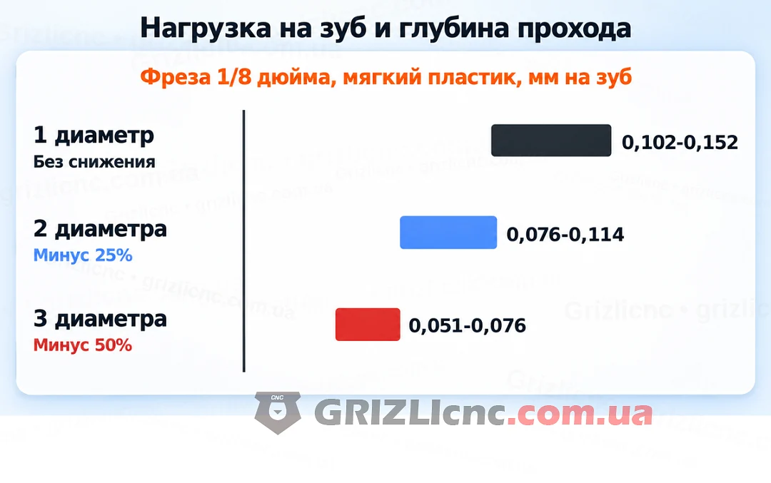 Снижение нагрузки на зуб фрезы 3.175 мм по пластику при глубине прохода в один, два и три диаметра