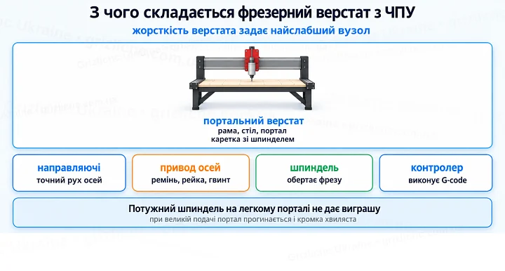 З чого складається фрезерний верстат з ЧПУ: жорсткість верстата задає найслабший вузол