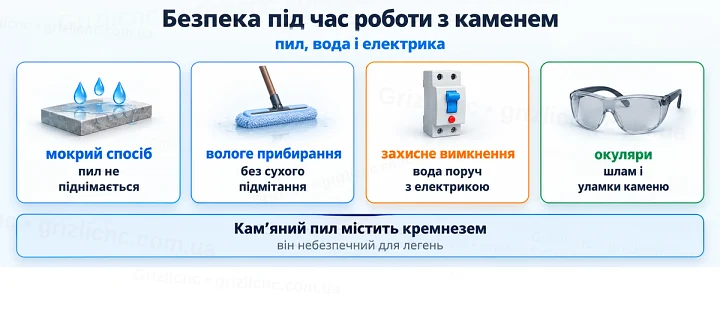 Безпека під час роботи з каменем: пил, вода і електрика