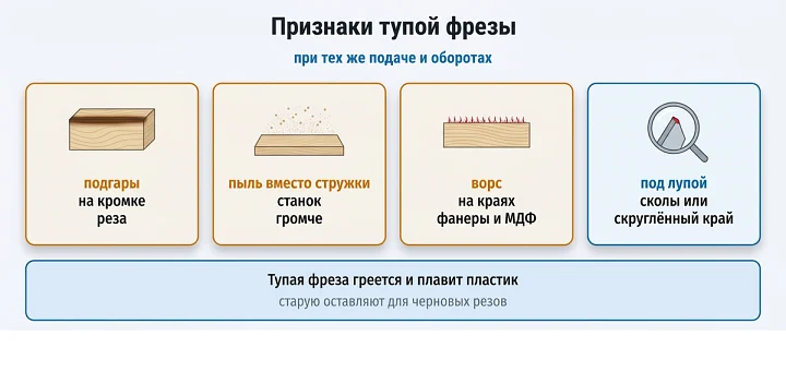 Признаки тупой фрезы: при тех же подаче и оборотах