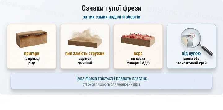 Ознаки тупої фрези: за тих самих подачі й обертів Ознаки тупої фрези: за тих самих подачі й обертів