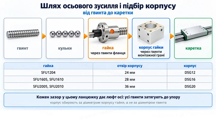 Шлях осьового зусилля і підбір корпусу: від гвинта до каретки Шлях осьового зусилля і підбір корпусу: від гвинта до каретки