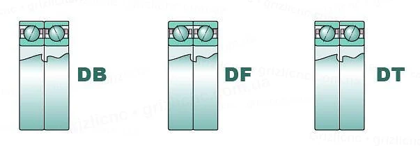 Схеми встановлення пари підшипників DB, DF і DT