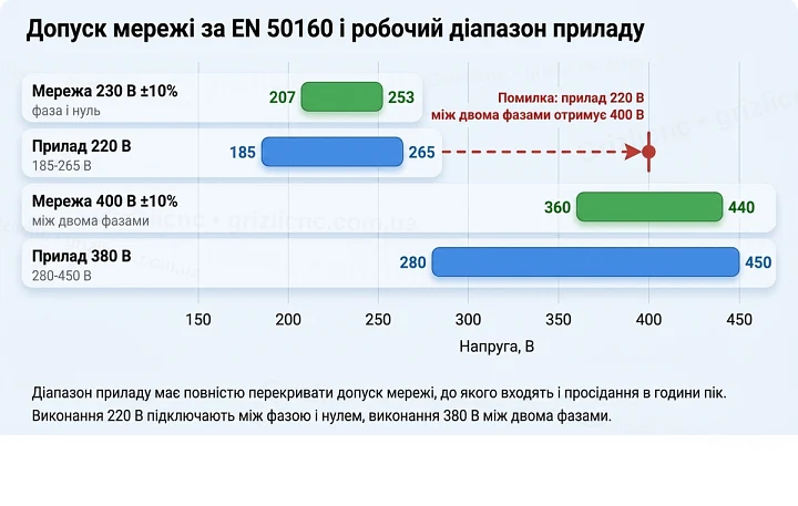 Допуск мережі 230 і 400 В за EN 50160 та робочі діапазони приладу у виконаннях 220 і 380 В Допуск мережі 230 і 400 В за EN 50160 та робочі діапазони приладу у виконаннях 220 і 380 В
