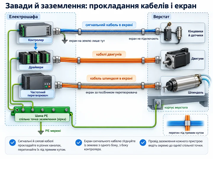 Схема прокладання кабелів і заземлення верстата з ЧПУ: екран з одного боку й спільна точка PE Схема прокладання кабелів і заземлення верстата з ЧПУ: екран з одного боку й спільна точка PE