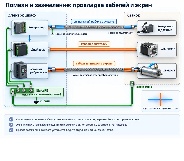 Схема прокладки кабелей и заземления станка с ЧПУ: экран с одной стороны и общая точка PE Схема прокладки кабелей и заземления станка с ЧПУ: экран с одной стороны и общая точка PE