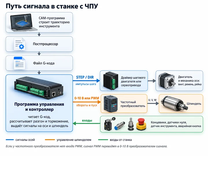 Схема пути сигнала в станке с ЧПУ: от CAM и G-кода через контроллер к драйверам, двигателям и шпинделю Схема пути сигнала в станке с ЧПУ: от CAM и G-кода через контроллер к драйверам, двигателям и шпинделю