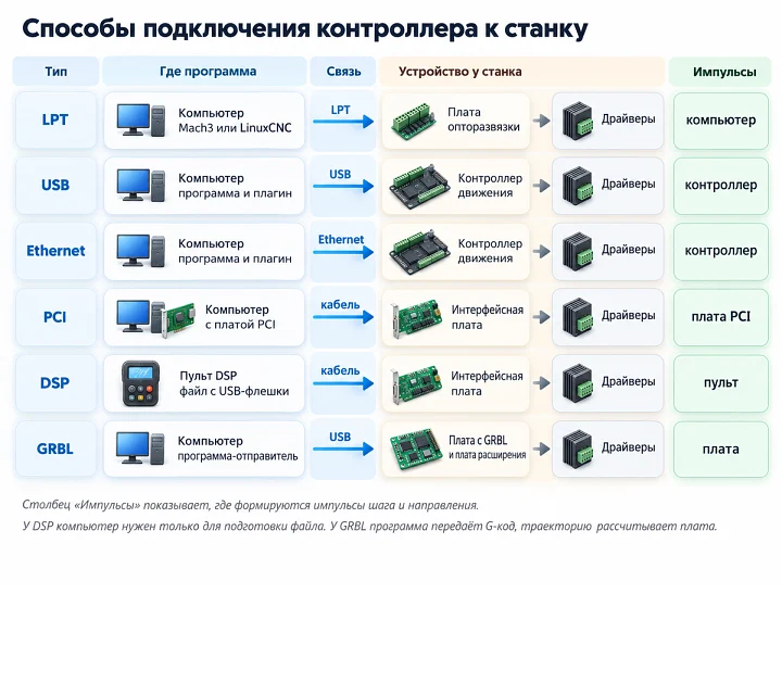 Схема способов подключения контроллера ЧПУ: LPT, USB, Ethernet, PCI, DSP и GRBL Схема способов подключения контроллера ЧПУ: LPT, USB, Ethernet, PCI, DSP и GRBL