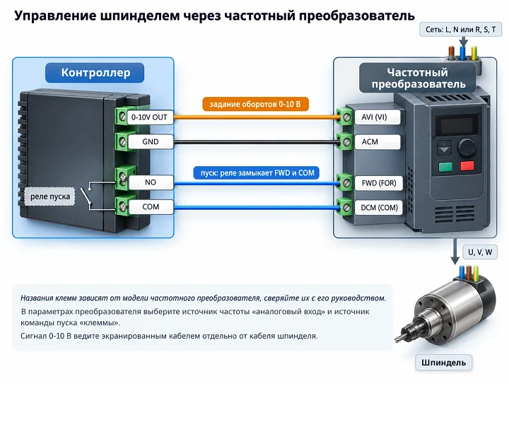 Схема подключения частотного преобразователя к контроллеру ЧПУ: сигнал 0-10 В и пуск через реле Схема подключения частотного преобразователя к контроллеру ЧПУ: сигнал 0-10 В и пуск через реле