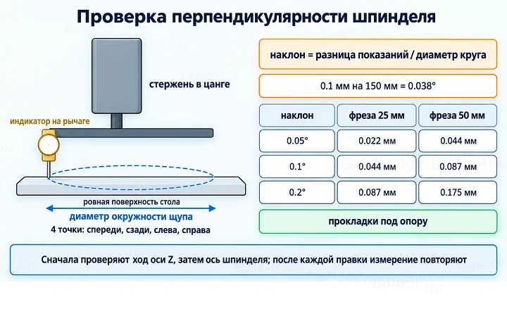 Проверка перпендикулярности шпинделя Проверка перпендикулярности шпинделя