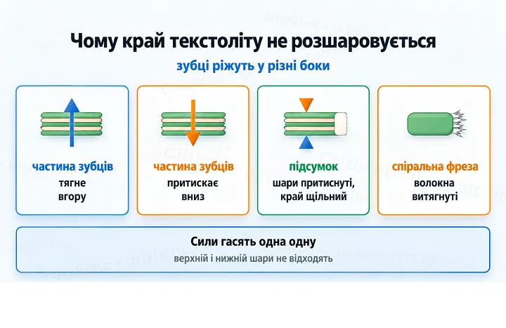 Чому край текстоліту не розшаровується: зубці ріжуть у різні боки