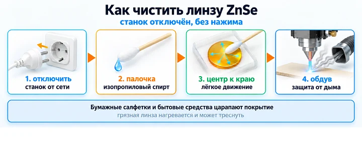 Как чистить линзу ZnSe: станок отключён, без нажима