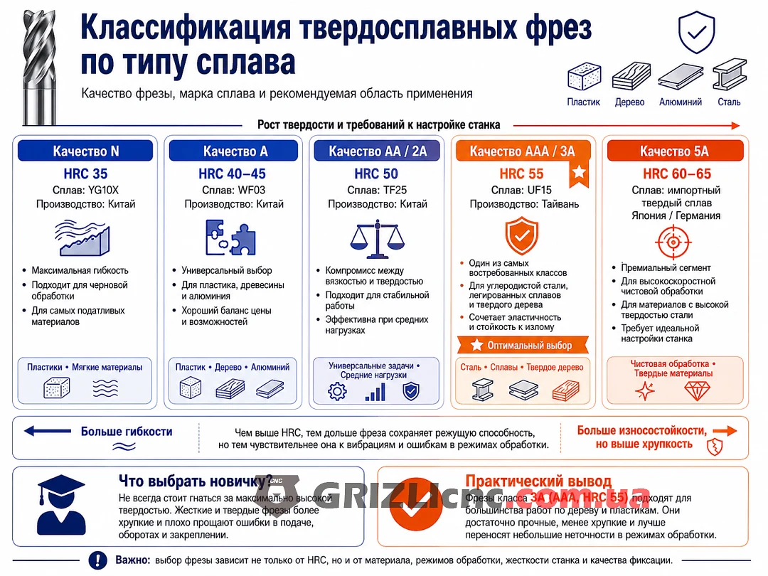 Классификация твердосплавных фрез по типу сплава