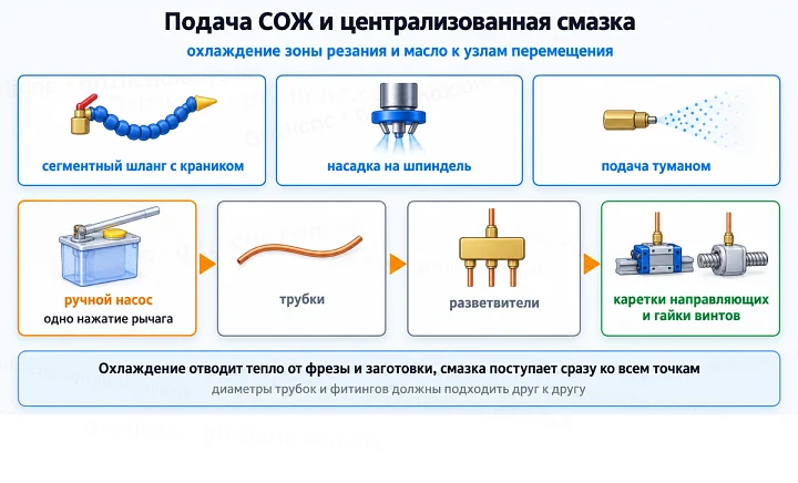 Подача СОЖ и централизованная смазка: охлаждение зоны резания и масло к узлам перемещения