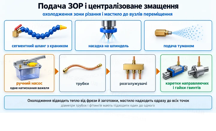 Подача ЗОР і централізоване змащення: охолодження зони різання і мастило до вузлів переміщення