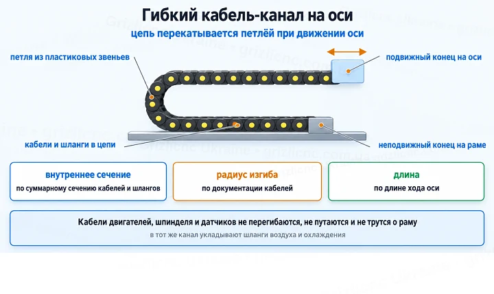 Гибкий кабель-канал на оси: цепь перекатывается петлёй при движении оси