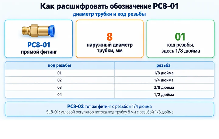 Как расшифровать обозначение PC8-01: диаметр трубки и код резьбы