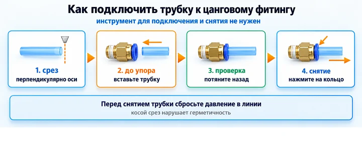 Как подключить трубку к цанговому фитингу: инструмент для подключения и снятия не нужен